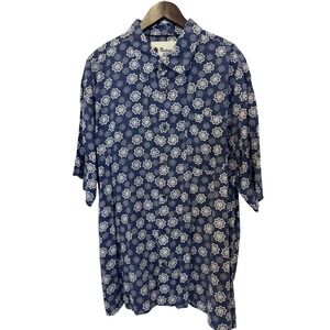 Vintage Silk Mens XXL Button Down Shirt Blue Geometric Short Sleeve 100% Silk